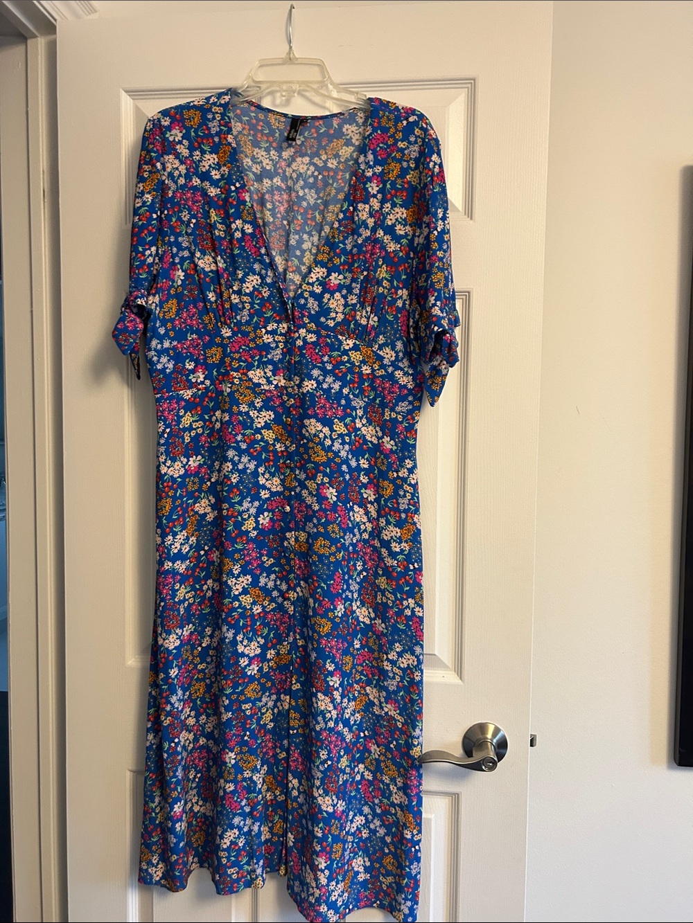 Floral V-Neck Midi Dress in Bright Blue
